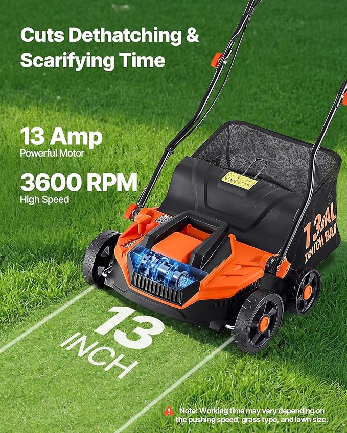VEVOR 2-in-1 Electric Dethatcher and Scarifier, 13-Inch 13 Amp, Corded Lawn Dethatcher with 13-Gallon Thatch Collection Bag, 5-Position Depth Adjustment, Walk Behind Machine for Garden Yard Grass