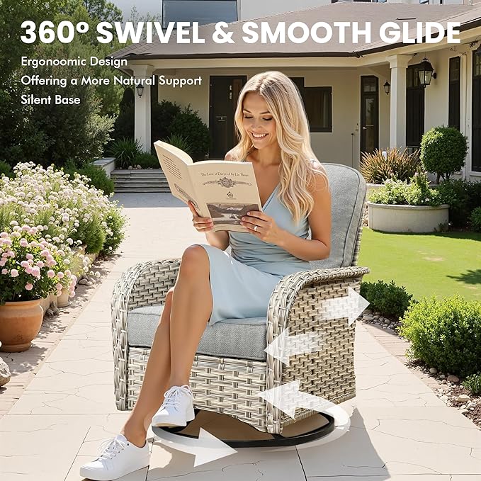 Outdoor Swivel Rocker Patio Chairs with Side Table,Wicker Swivel Rocking Chair Set of 2,3PCS High Back Wicker Patio Furniture Set Glider Chairs for Porch, Balcony, Deck,Yard,Dark Grey