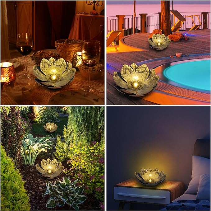 HPC Decor Solar Lights Outdoor Garden Decor - Art Crackle Globe Glass Lotus Decoration, Waterproof LED Metal Flower Lights for Outdoor Decor on Patio,Lawn,Walkway,Table,Perfect Gifts (Gray,11in)