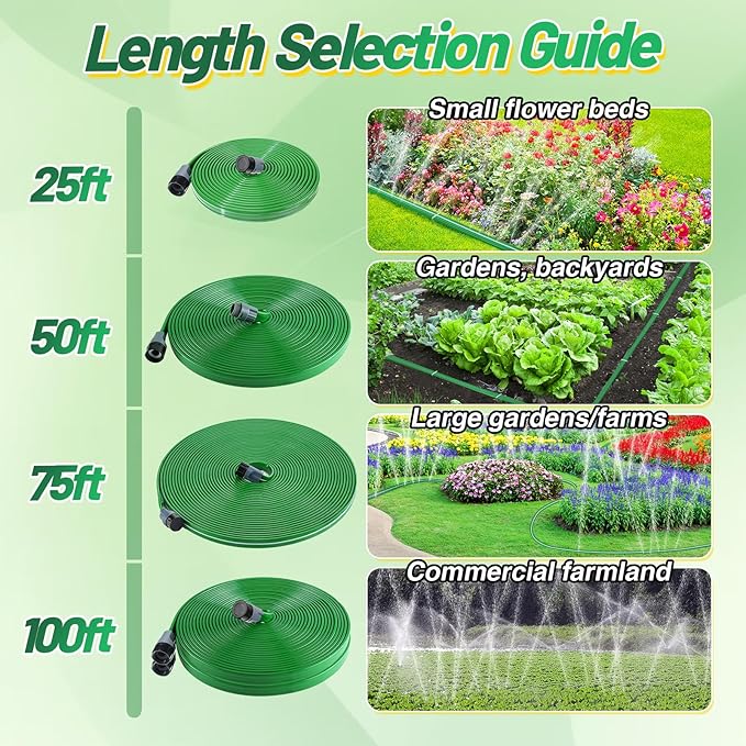 50ft Sprinkler Soaker Hose - Kink-free, Save Water, Flexible - Heavy Duty Three Tube Flat Watering Hose for Garden Yard Lawn Irrigation, With 15 Stakes