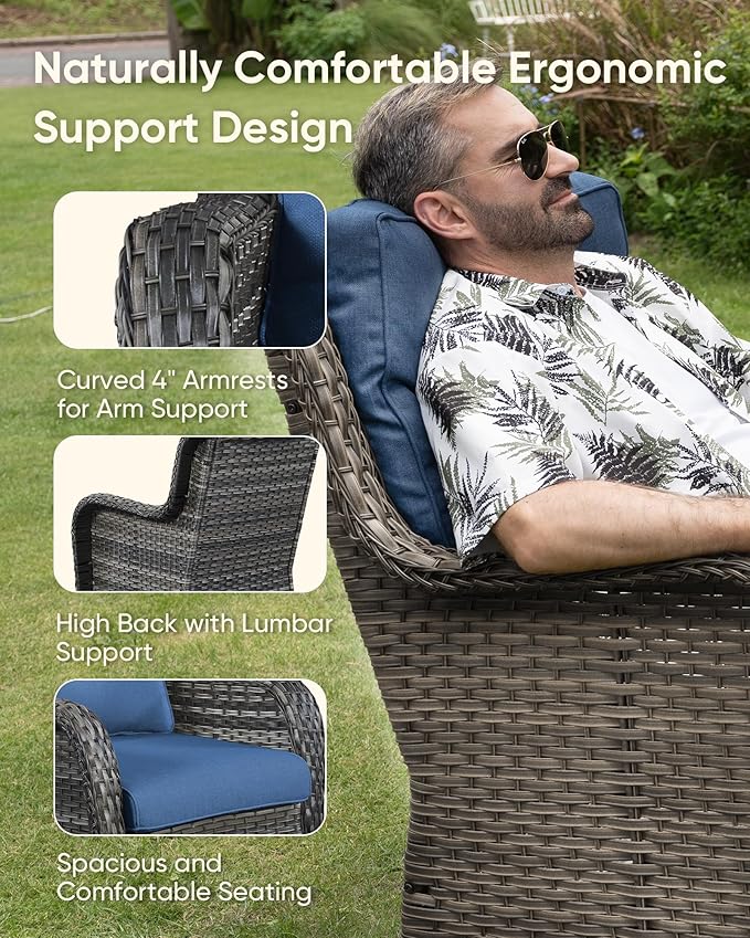 HUMMUH Patio Furniture Set with Fire Pit Table 5-Piece Wicker Outdoor Swivel Rocker Patio Chairs High Back Outdoor Couch Conversation Set for Porch, Backyard, Deck