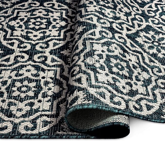 Nicole Miller New York Patio Country Julia Transitional Geometric Indoor/Outdoor Area Rug, Navy Blue/Ivory, 5'2"x7'2"