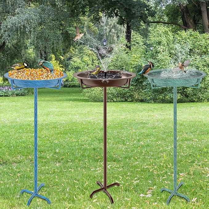 Metal Bird Bath for Outside, 36.2" Height Birdbath Bowl Standing Bird Feeders for Outdoors with 4 Prongs Base Stake, Freestanding Birdfeeders for Garden Yard Lawn Decor (Retro Blue)