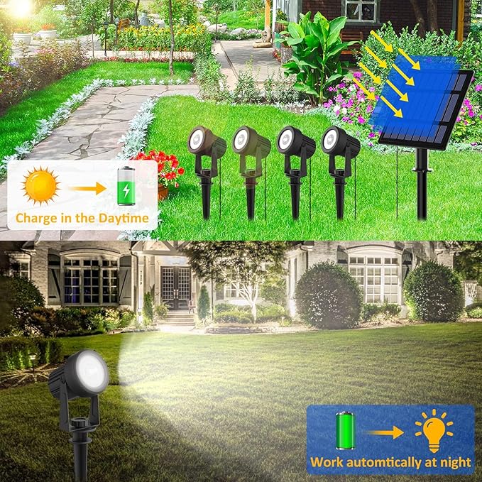 T-SUNUS Halloween Solar Garden Spotlight White Outdoor, 4-in-1 Spot Lights 6000K IP65 Waterproof 9.8ft Cable 5W Separated Panel, Auto On/Off Spotlights for Christmas Tree Yard Driveway Pathway Pond