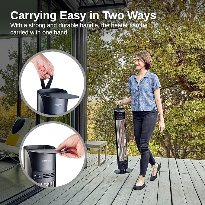 EAST OAK 1500W Electric Infrared Patio Heater, Indoor/Outdoor Tower Heater with Remote, 24H Timer, IP65 Waterproof, Tip-Over & Overheat Protection for Garage, Deck, Backyard