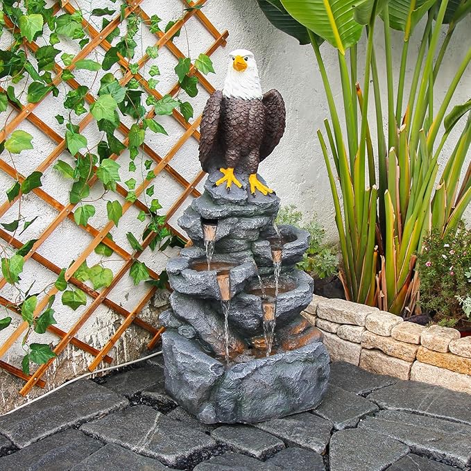 YZM Bald Eagle Statue Outdoor Fountain Tiered Cascading Rock Water Fountain Outdoor Garden Waterfall Decor for Garden Patio Backyard Deck Porch Outside Water Feature 39.76" H