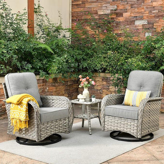 Outdoor Swivel Rocker Patio Chairs with Side Table,Wicker Swivel Rocking Chair Set of 2,3PCS High Back Wicker Patio Furniture Set Glider Chairs for Porch, Balcony, Deck,Yard,Dark Grey