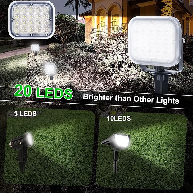 Solar Spot Lights Outdoor, 20 LED IP65 Waterproof Landscape Lighting, Dusk-to-Dawn 6000K Cold White Solar Outdoor Lights for Yard Garden Driveway Porch Walkway, 4-in-1