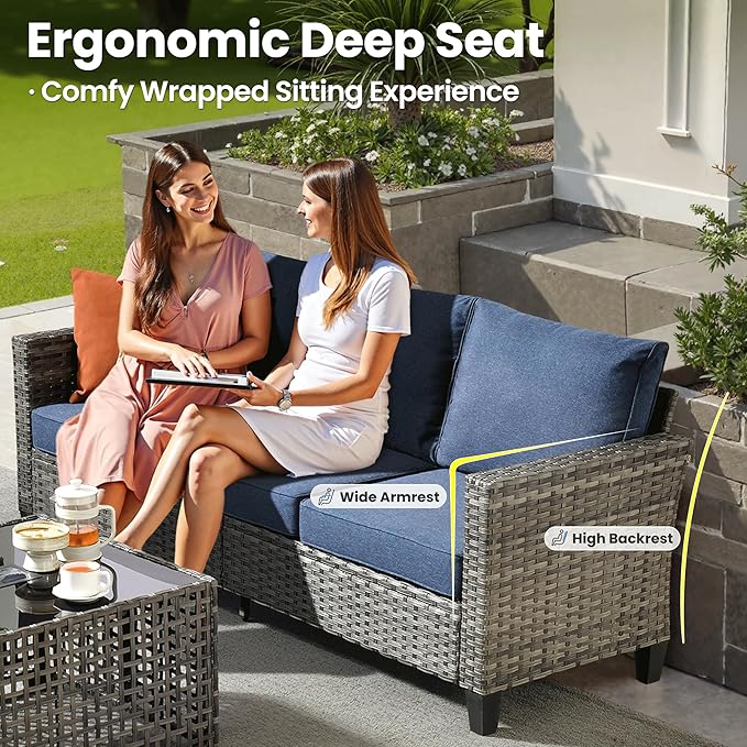 ovios 8 Pieces Patio Furniture Set Outdoor Sofa Couch with Solar Lights Table Comfy Cushions, Modern Deep Seat Wicker Rattan Conversation Set for Porch Deck, Denim Blue