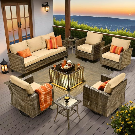 ovios 8 Pieces Patio Furniture Set with Swivel Chairs Rocking Gliders, Outdoor Sofa Couch with Solar Lights Table Comfy Cushions, Modern Deep Seat Wicker Rattan Conversation Set, Beige