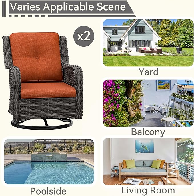 Outdoor Swivel Rocker Patio Chairs Set of 2 - Outdoor Wicker Patio Conversation Sets 2 Pieces with Olefin Fabric Cushions Suitable for Backyard Deck and Porch, Orange
