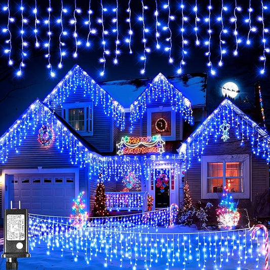 Christmas Icicle Lights Outdoor, 98FT 1216 LED Icicle String Lights with 8 Modes 228 Drops, Curtain Twinkle Lights for Bedroom House Holiday Party Wedding Decorations, Blue