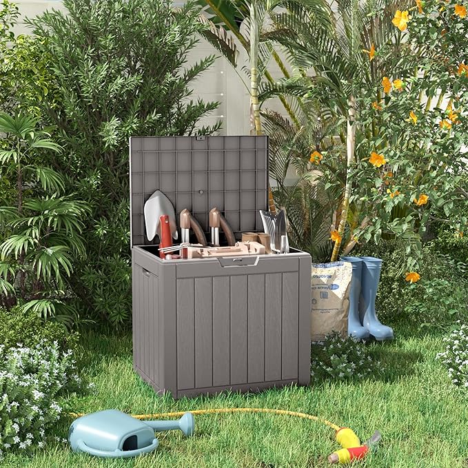 31 Gallon Resin Deck Box, Lockable Patio Outdoor Storage Box for Furniture, Garden Tools and Tools Storage, Waterproof Outside Storage Boxes - Grey