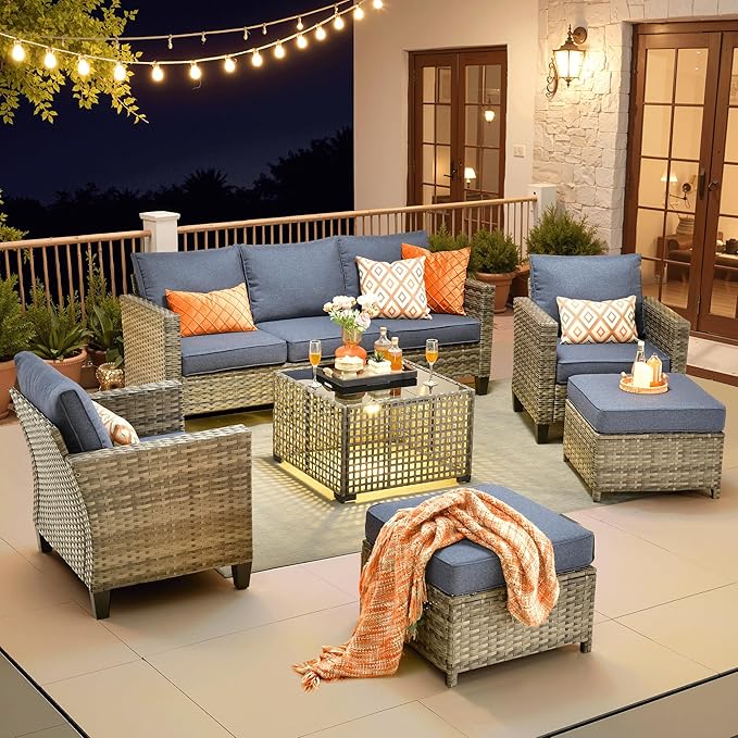 ovios 6 Pieces Patio Furniture Set Outdoor Sofa Couch with Solar Lights Table Comfy Cushions, Modern Deep Seat Wicker Rattan Conversation Set for Porch Deck, Denim Blue