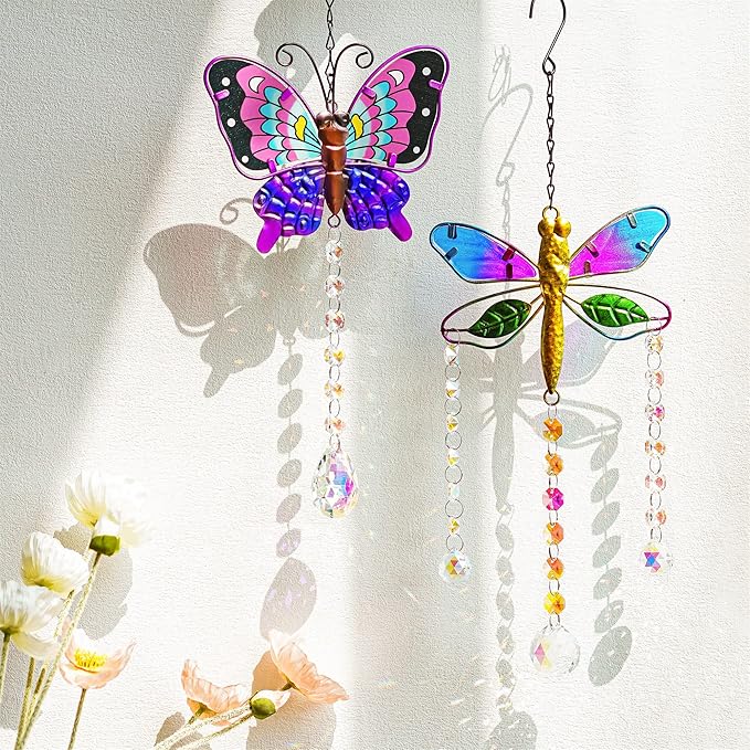 YU FENG Set 2 Suncatchers with Crystals,Stained Glass Butterfly Dragonfly Sun Catchers Window Garden Hanging Decoration Ornament,Prism Rainbow Maker Pendant
