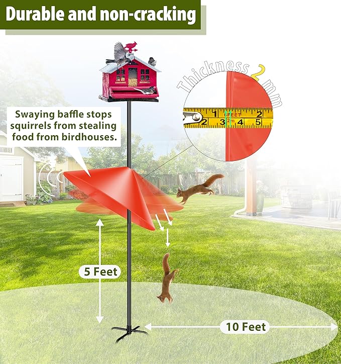 Squirrel Baffle for Bird Feeder Pole, 19-Inch Outdoor Bird Feeder Guard, Squirrel-Proof Birdhouse Baffles, Shepherd's Hook for Outside(Red)