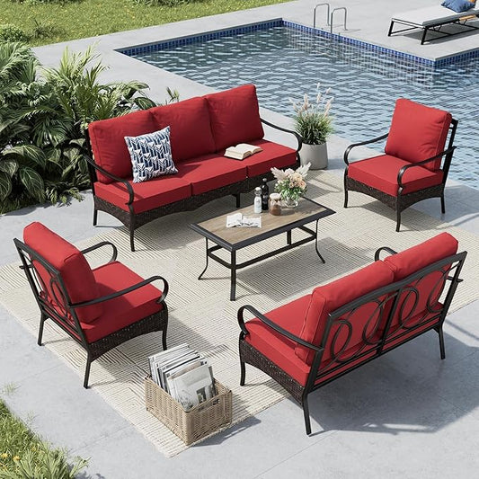 MFSTUDIO 5 PCS Outdoor Patio Furniture Set, Metal Outdoor Conversation Set, Rattan Wicker Patio Sectional Sofa Set with 2 x Fixed Single Sofa, 2-Seat and 3-Seat Sofa, 1 x Coffee Table, Red