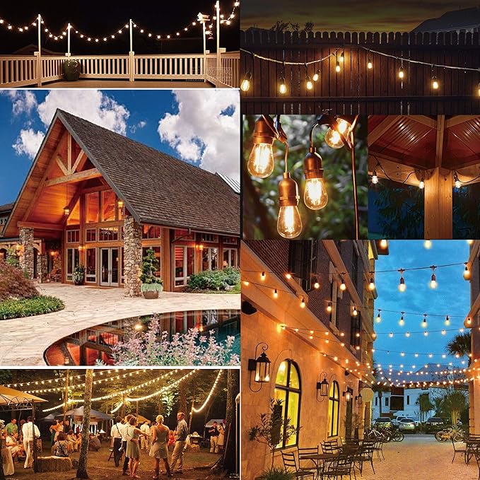 Outdoor String Lights LED 100FT Commercial Grade Heavy Duty Light String Lights with 30 Sockets 32 Shatterproof Plastic Bulbs Include 2 Spare S14 Dimmable Edison Bulbs Patio Market Cafe Light