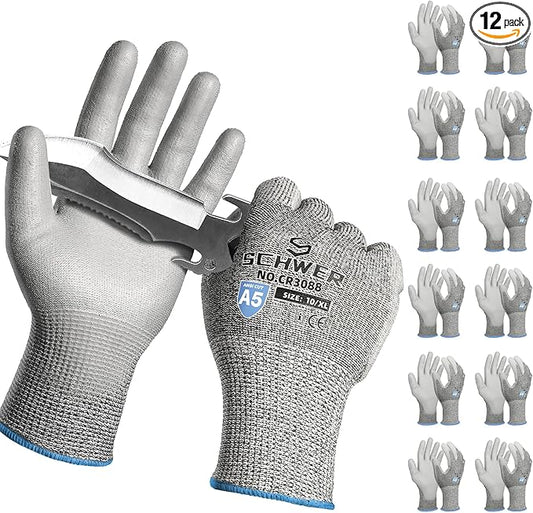 Schwer 12 Pairs ANSI A5 Cut Resistant Work Gloves, Cut Proof Gloves with PU Coating, Used for Metal Fabrication, WoodWorking, Construction, Non Slip, Durable, XL, CR3088