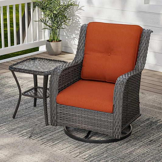 2 Pieces Outdoor Swivel Rocker Patio Chairs Set - Outdoor Wicker Patio Conversation Sets with 1 Side Table, Olefin Fabric Cushions Suitable for Backyard Deck and Porch, Orange