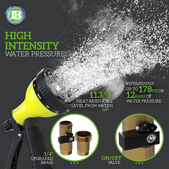 J&B XpandaHose 150ft Expandable Garden Hose with Holder - Heavy Duty Superior Strength 3750D - 4 -Layer Latex Core - Extra Strong Brass Connectors and 10 Spray Nozzle w/Storage Bag (Black 150)