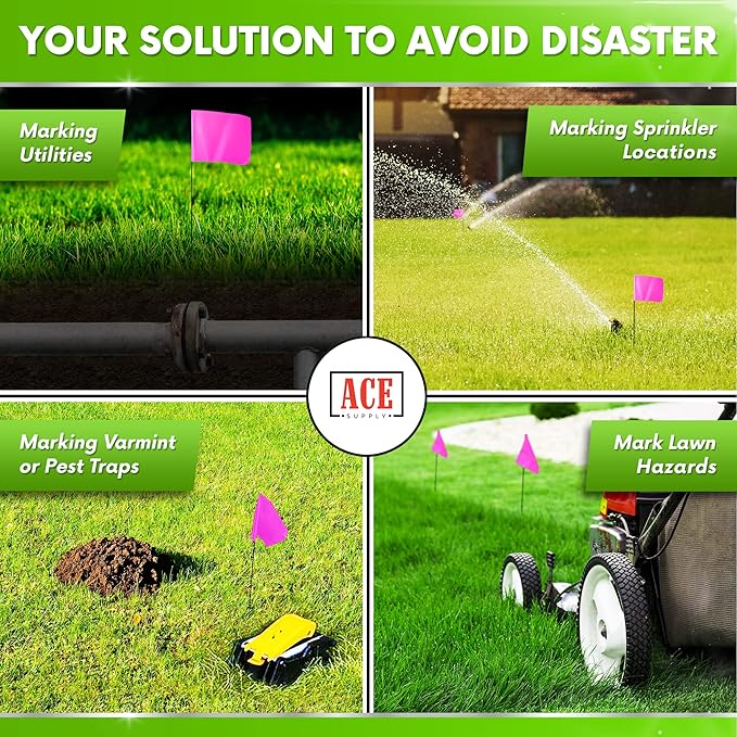 Fluorescent Pink Marking Flags, 100 Pack - 4x5-Inch Marker Flags - 15-Inch Wire - for Lawn, Irrigation, Dog Training, Landscape, Survey