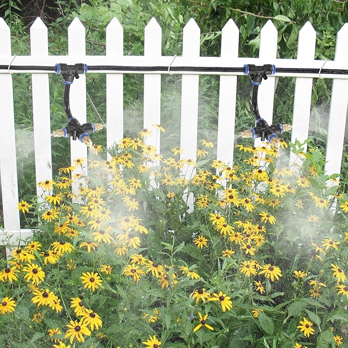 Mornajina 3Packs 3 Way Brass Misting Nozzles Tee with 5inch Built in Hose for Outdoor Cooling System, Adjustable 360° Rotation, Water Mister Nozzles Thread Sprayer 0.043" (1.1 mm)