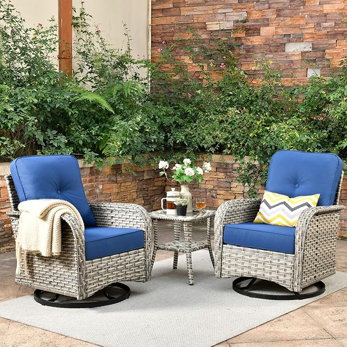 Outdoor Swivel Rocker Patio Chairs with Side Table,Wicker Swivel Rocking Chair Set of 2,3PCS High Back Wicker Patio Furniture Set Glider Chairs for Porch, Balcony, Deck,Yard,Navy Blue