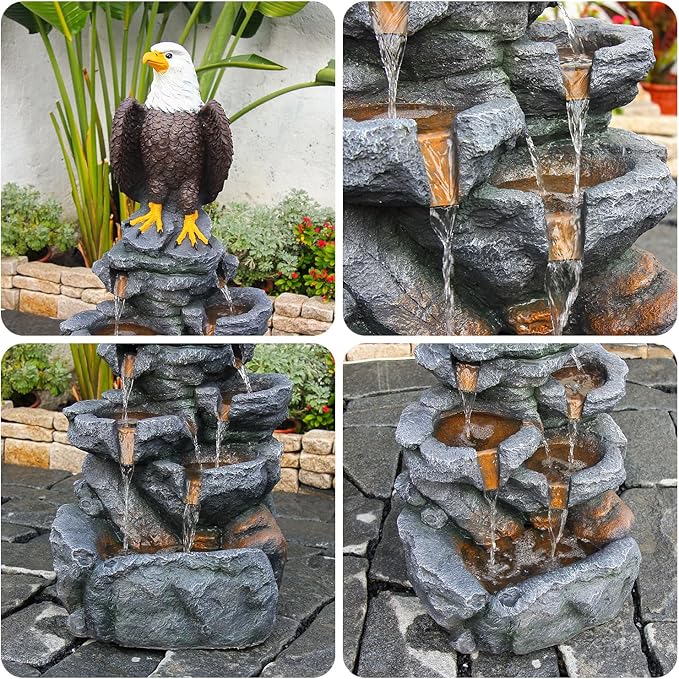YZM Bald Eagle Statue Outdoor Fountain Tiered Cascading Rock Water Fountain Outdoor Garden Waterfall Decor for Garden Patio Backyard Deck Porch Outside Water Feature 39.76" H