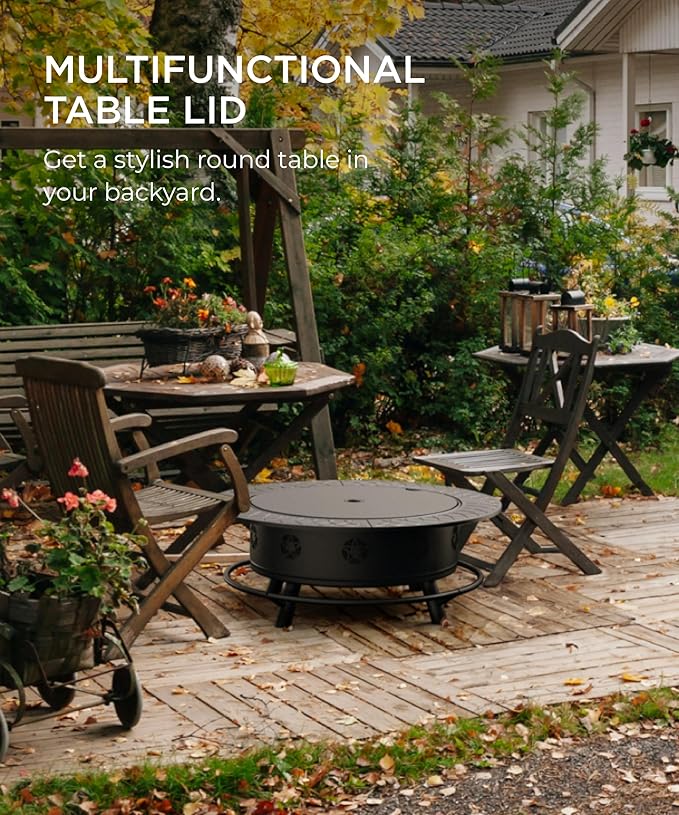 43 Inch Fire Pit with BBQ Grill, Wood Burning Fire Pits for Outside with Lid & Poker, Extra Large Heavy Duty Firepits, BBQ & Outdoor Firepit & Round Metal Table 3 in 1 for Bonfire, Patio, Picnic