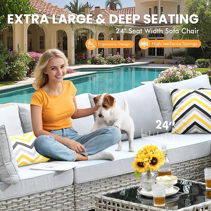 Outdoor Sectional Patio Furniture Set with Fire Pit Table and Glowing Table,8 Pieces Wicker Conversation Sets L Shaped Couch Out Door Sofa Set Outside Furniture for Garden Deck Yard,Grey