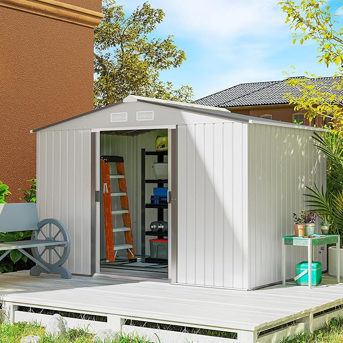 Outsunny 9' x 6' Outdoor Storage Shed, Garden Tool Metal Shed with Foundation Kit, Double Lockable Door, Air Vents and Sloping Roof, for Backyard, Patio, Lawn, Silver