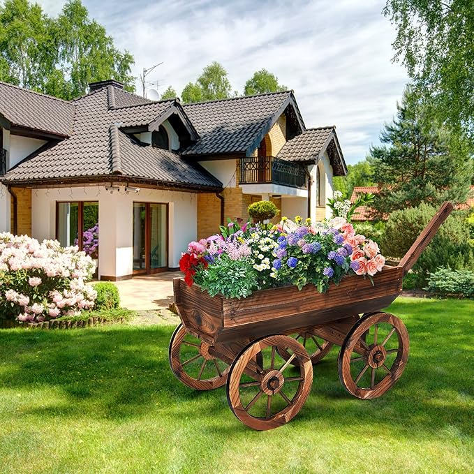 Wood Wagon Planter for Outdoor Balcony Decor - Garden Rustic Wooden Flower Cart with Wheels for Outside Garden Decor Wheelbarrow Planter for Patio