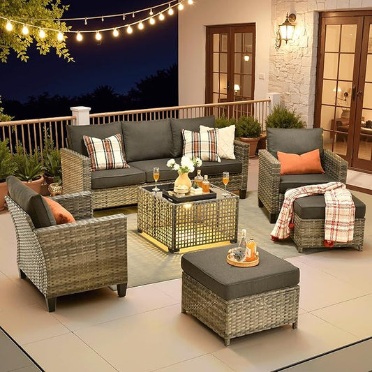 ovios 6 Pieces Patio Furniture Set Outdoor Sofa Couch with Solar Lights Table Comfy Cushions, Modern Deep Seat Wicker Rattan Conversation Set for Porch Deck, Black