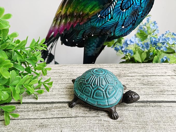 BSTGIFTS Cast Iron Turtle Key Hider - Spare Key Holder - Garden Decoration Turtle, Jewelry Trinkets Box for Key, Ear Studs, Ring, Paper Clip (Antique Blue)