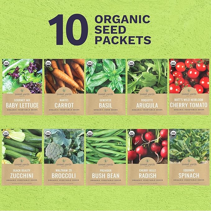 Organic Seeds Essential Variety Pack - 10 Individual Packs - 2025 Season - Summer Squash, Cherry Tomatoes, Arugula, Broccoli and More! for Indoor & Outdoor Planting (Non-GMO, Certified Organic)