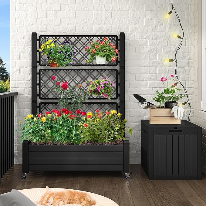 YITAHOME 3.6x1.5x5 FT Planter Box Trellis with Wheels, Large Outdoor Plastic Raised Garden Bed with Drain Plug for Climbing Plants, Black