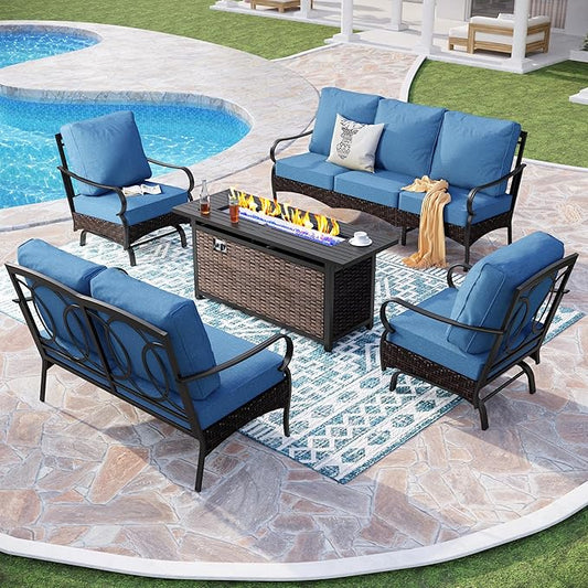 Patio Furniture Set with 56" Fire Pit Table, Premium Outdoor Wicker Metal Frame Furniture with Upgraded Waterproof Thick Cushions for Porch, Poolside, Deck, and Yard