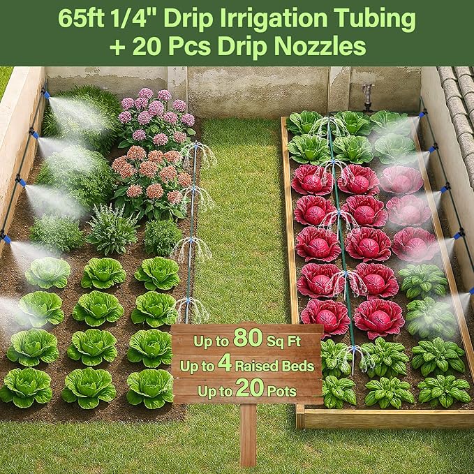 Bonviee 65FT Drip Irrigation System with Quick Connector- New Automatic Drip Irrigation Kits Garden Watering System for Raised Bed Garden Greenhouse with 1/4'' Tubing, Drip Emitters, Connectors