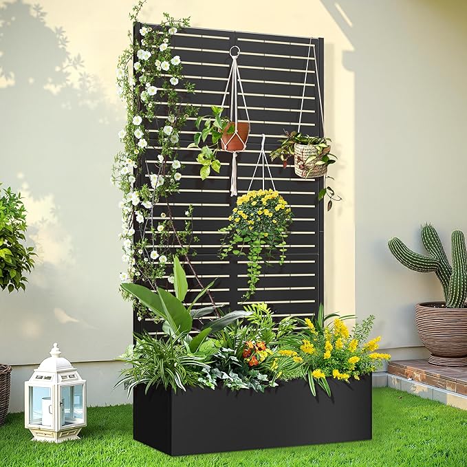 Trellis for Climbing Plants Outdoor，Mental Garden Bed with Drainage Holes Outdoor Privacy Screen Design Tall planters for herb Flower Vegetables 73"x35"x16", Black-Louvered