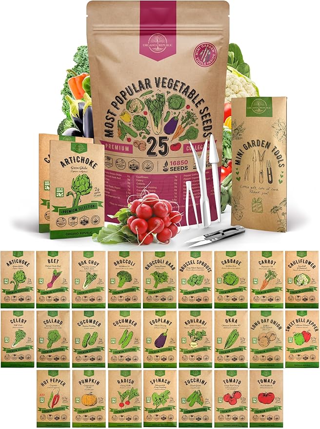 Organo Republic 25 Vegetable Seeds Variety Pack - 16,850+ Non-GMO Heirloom Seeds for Planting Vegetables & Fruits in Individual Seed Packets, Home Garden Seeds for Hydroponic, Indoor & Outdoor Garden
