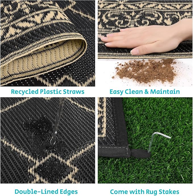HEBE Outdoor Rug Waterproof 8x10, Reversible Plastic Straw Rug RV Camping Rug, Indoor Outdoor Patio Mat Clearance, Outside Carpet for Porch,Deck,Camper,Balcony,Backyard,Picnic