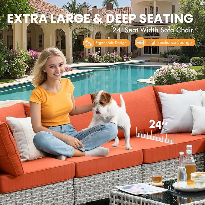 Outdoor Sectional Patio Furniture Set with Swivel Rocking Chairs,9 Pieces Wicker Conversation Sets L Shaped Couch Out Door Sofa Set Outside Furniture for Garden Deck Yard Porch,Orange Red