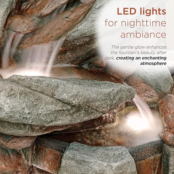 Alpine Corporation WIN1548 Outdoor Floor Cascading Stone Fountain with LED Lights, Tiered Garden Water Fountain, 53" H, Gray