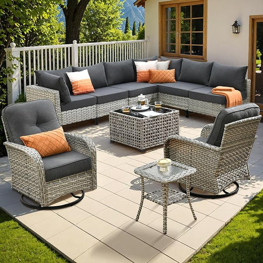Outdoor Sectional Patio Furniture Set with Swivel Rocking Chairs,10 Pieces Wicker Conversation Sets L Shaped Couch Out Door Sofa Set Outside Furniture for Garden Deck Yard Porch,Black,