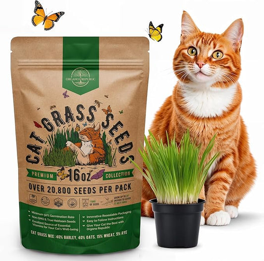 Organo Republic Cat Grass Seeds Mix - 20,800 Non-GMO Heirloom Seeds for Cats & Pets, 16 oz Pack for Growing Fresh Barley, Oat, Rye & Wheat Grass Seeds for Planting, Indoor Plants, Hairball Remedy