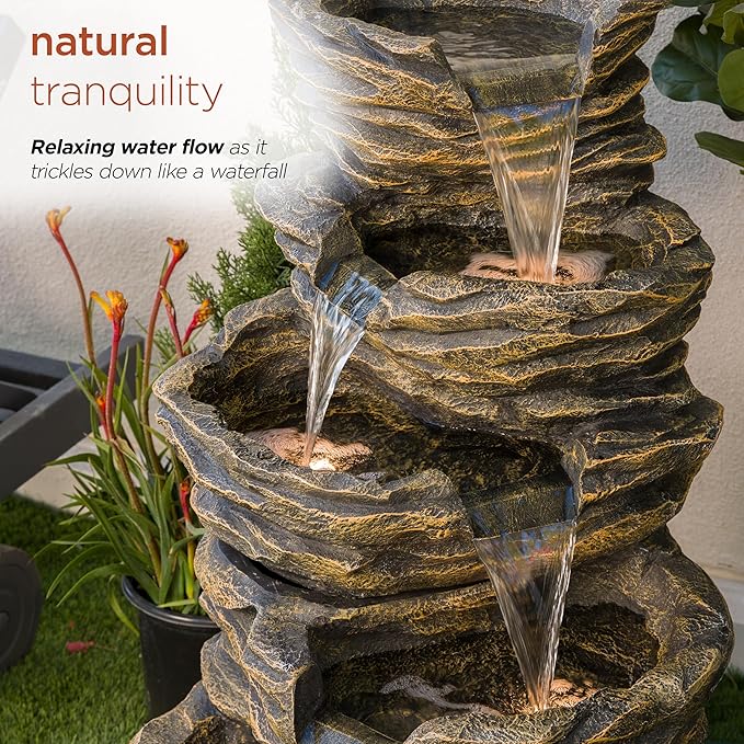 Alpine Corporation GIL110 Outdoor 5 Tiered Natural Look Rock Water Floor Fountain with Replaceable Lights,39" H, Brown