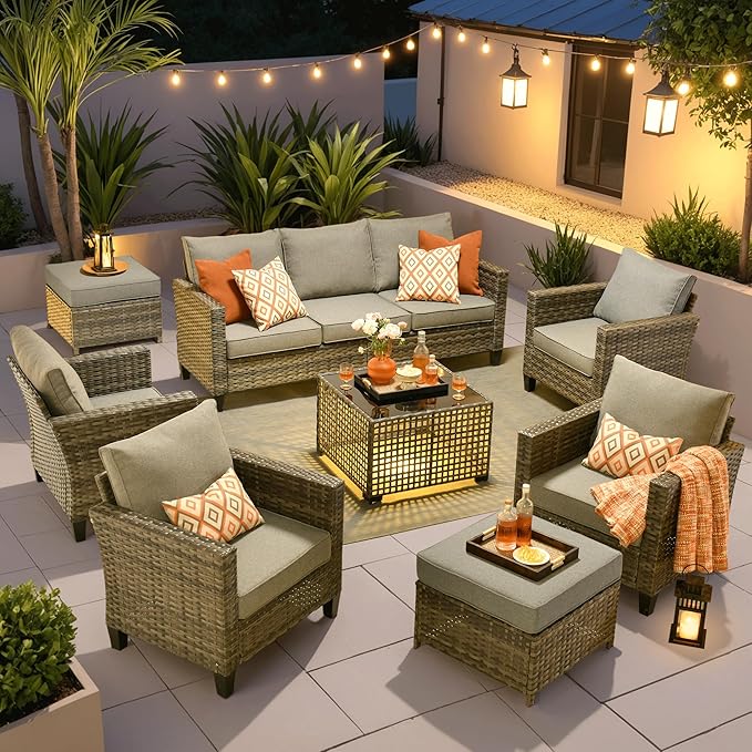 ovios 8 Pieces Patio Furniture Set Outdoor Sofa Couch with Solar Lights Table Comfy Cushions, Modern Deep Seat Wicker Rattan Conversation Set for Porch Deck, Dark Grey