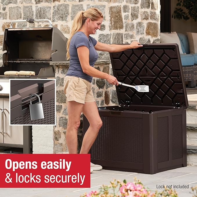 Rubbermaid Medium Resin Outdoor Storage Deck Box (74 Gal) Weather Resistant Brown Deck Organization for Home/Backyard/Pool Chemicals/Toys/Garden Tools/Porch/Patio Cushions