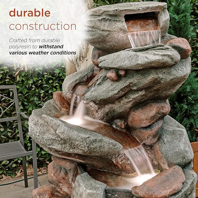 Alpine Corporation WIN1548 Outdoor Floor Cascading Stone Fountain with LED Lights, Tiered Garden Water Fountain, 53" H, Gray